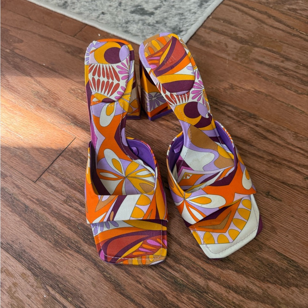 Zara Orange, Purple & White Patterned Block Heel Sandals